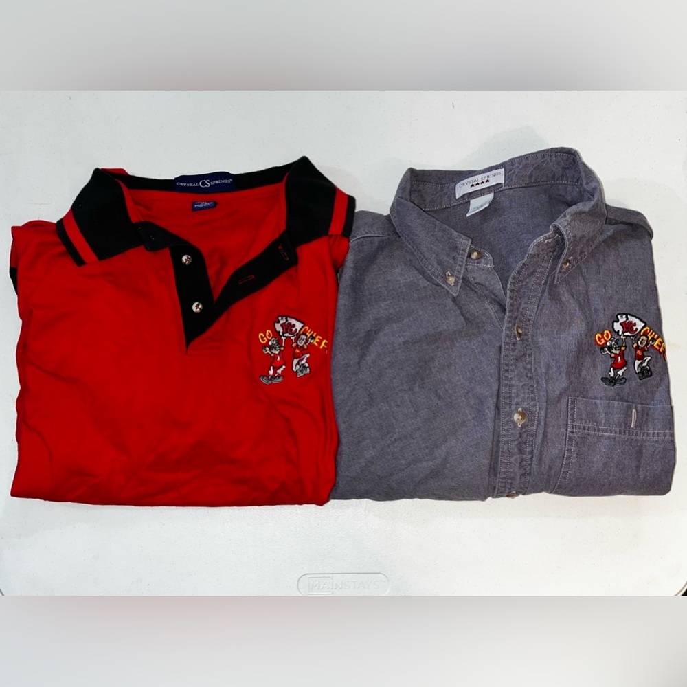 2 Men’s VTG Crystal Springs Button Up Shirts Kansas City Chiefs Logo NFL XXL
